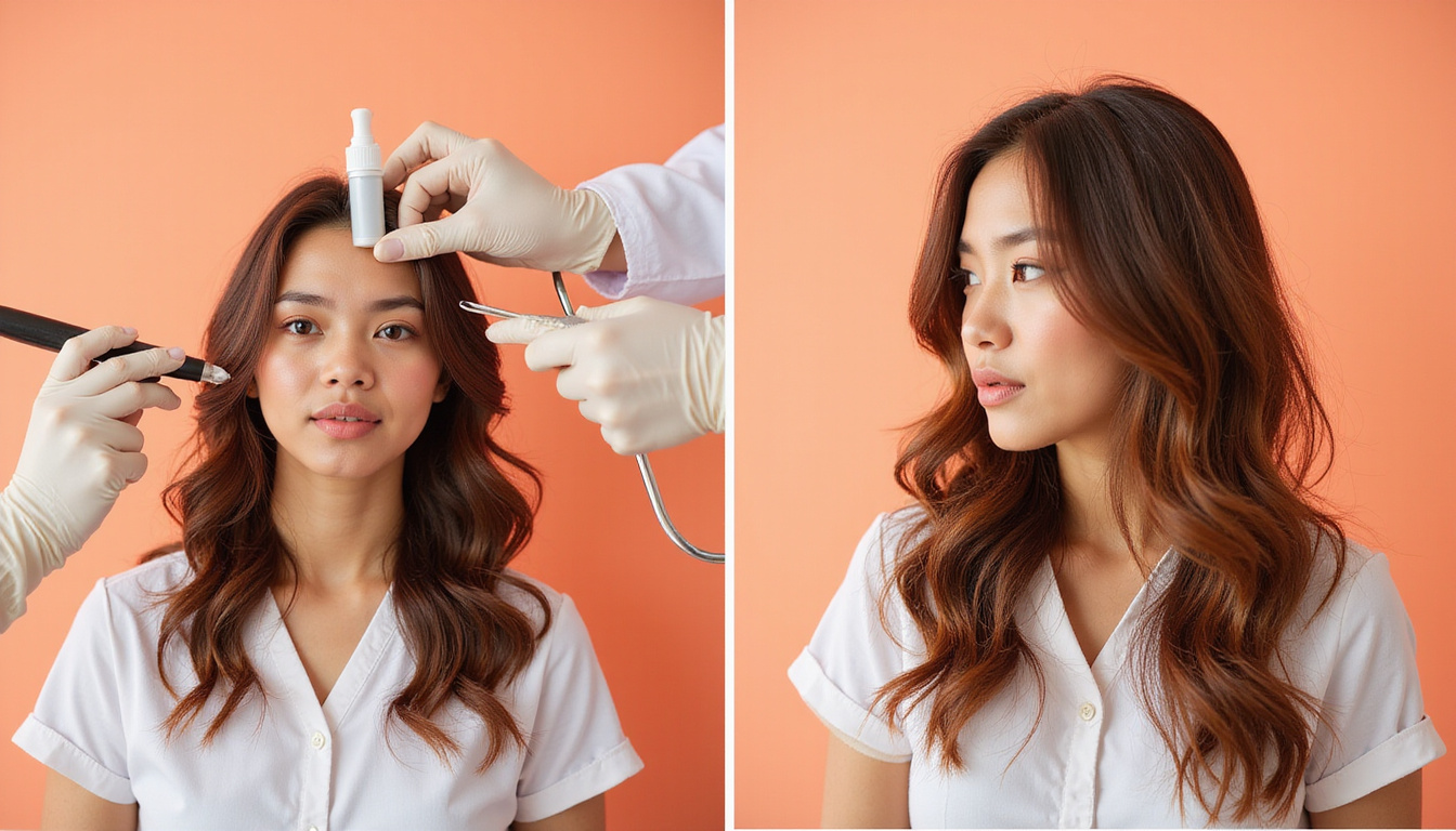 Before-and-after diptych: thinning scalp to voluminous hair, clinical tools, warm uplifting colors