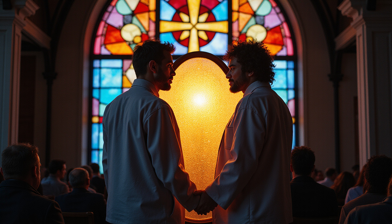  Protective shield overlaying congregation, audit documents, calm pastor, stained glass, cinematic dramatic lighting