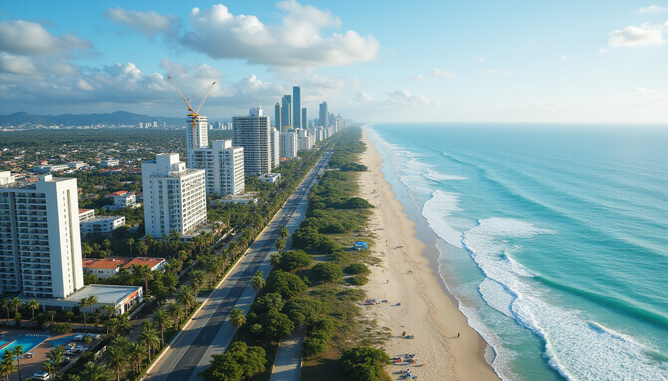 Aerial view of coastal investment district, cranes, palm-lined boulevards, upscale resorts, investor blueprint overlay