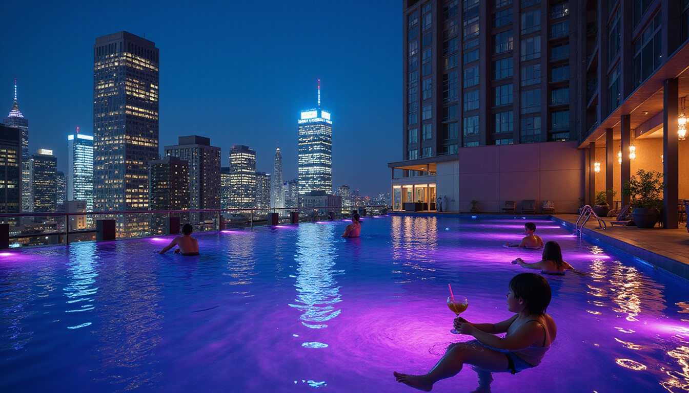  Midnight rooftop hotel pool with neon reflections, swimmers sipping cocktails, skyscraper lights