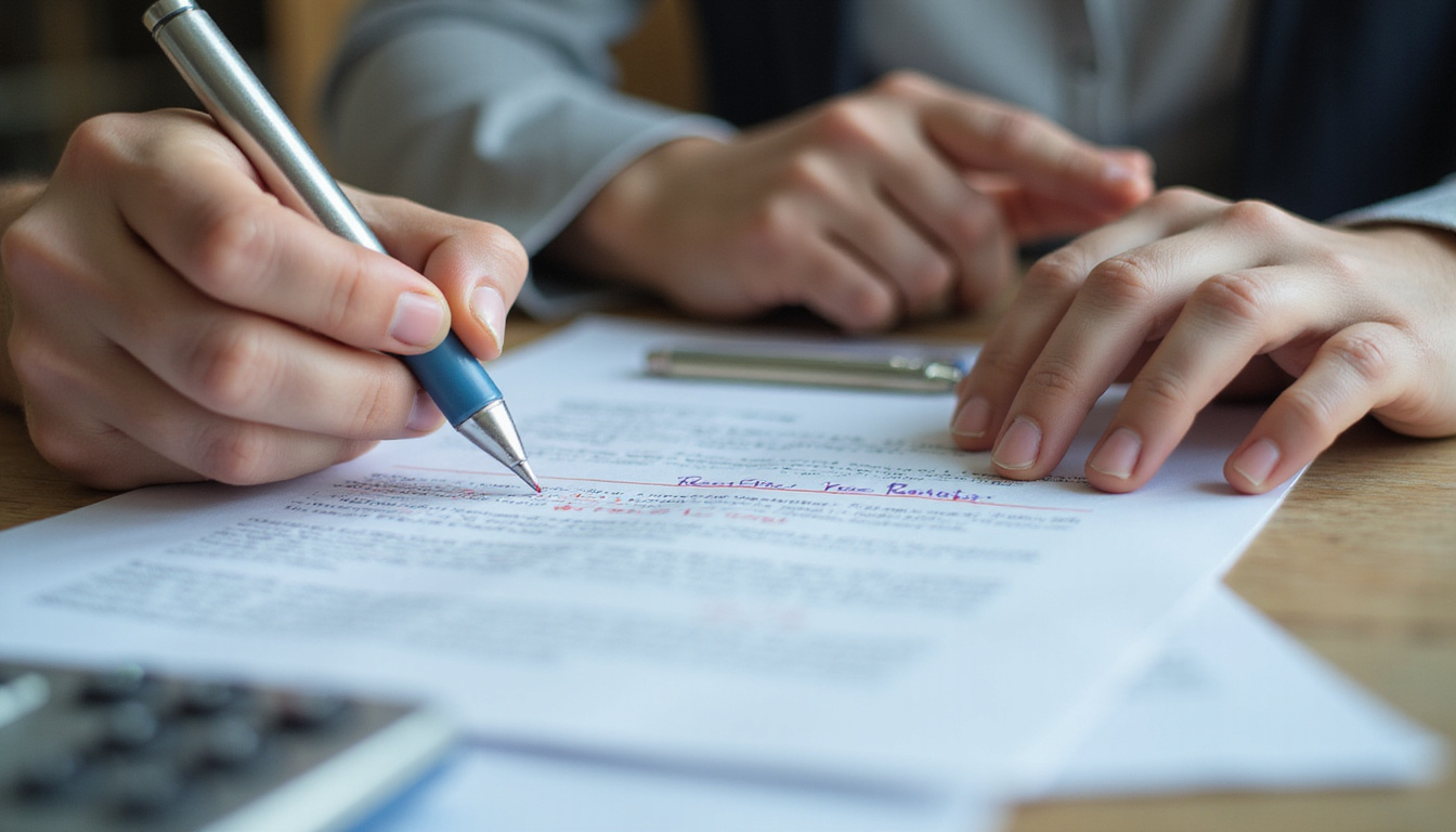  Close-up of hands signing rental agreement with hidden fees highlighted in red, calculator smoking