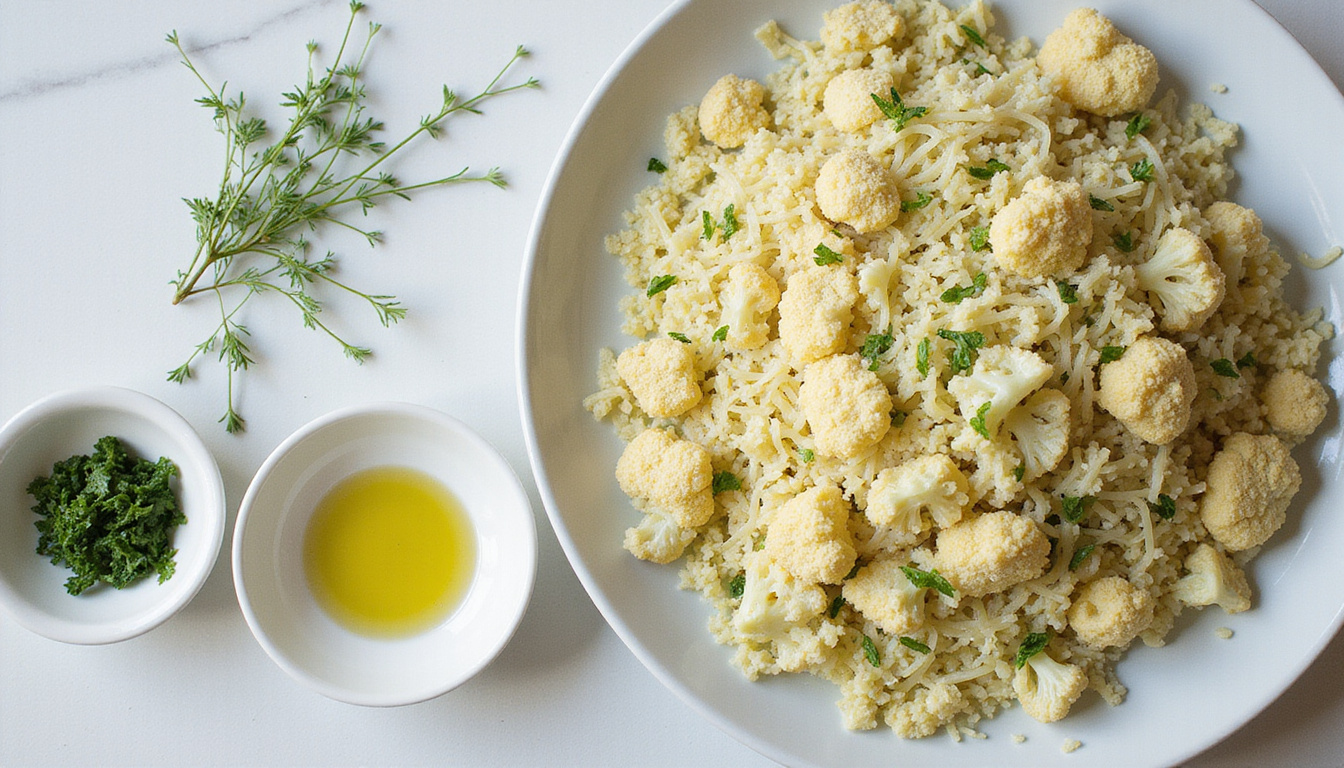  Overhead shot of low-carb cooking prep: cauliflower rice, shirataki noodles, olive oil, fresh herbs