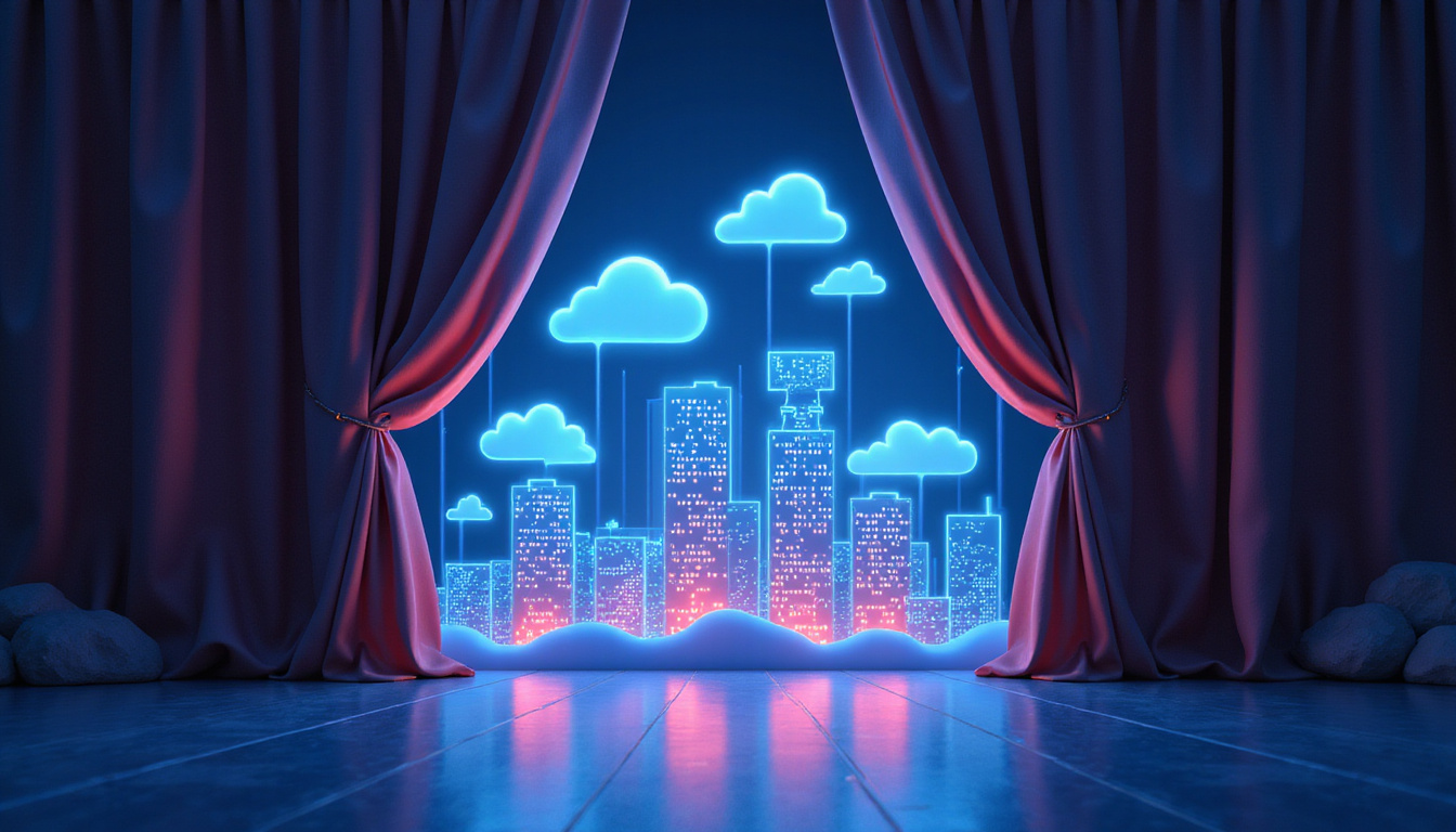  Lifted curtain exposing algorithmic pipeline, scalable cloud towers, glowing efficiency and savings icons