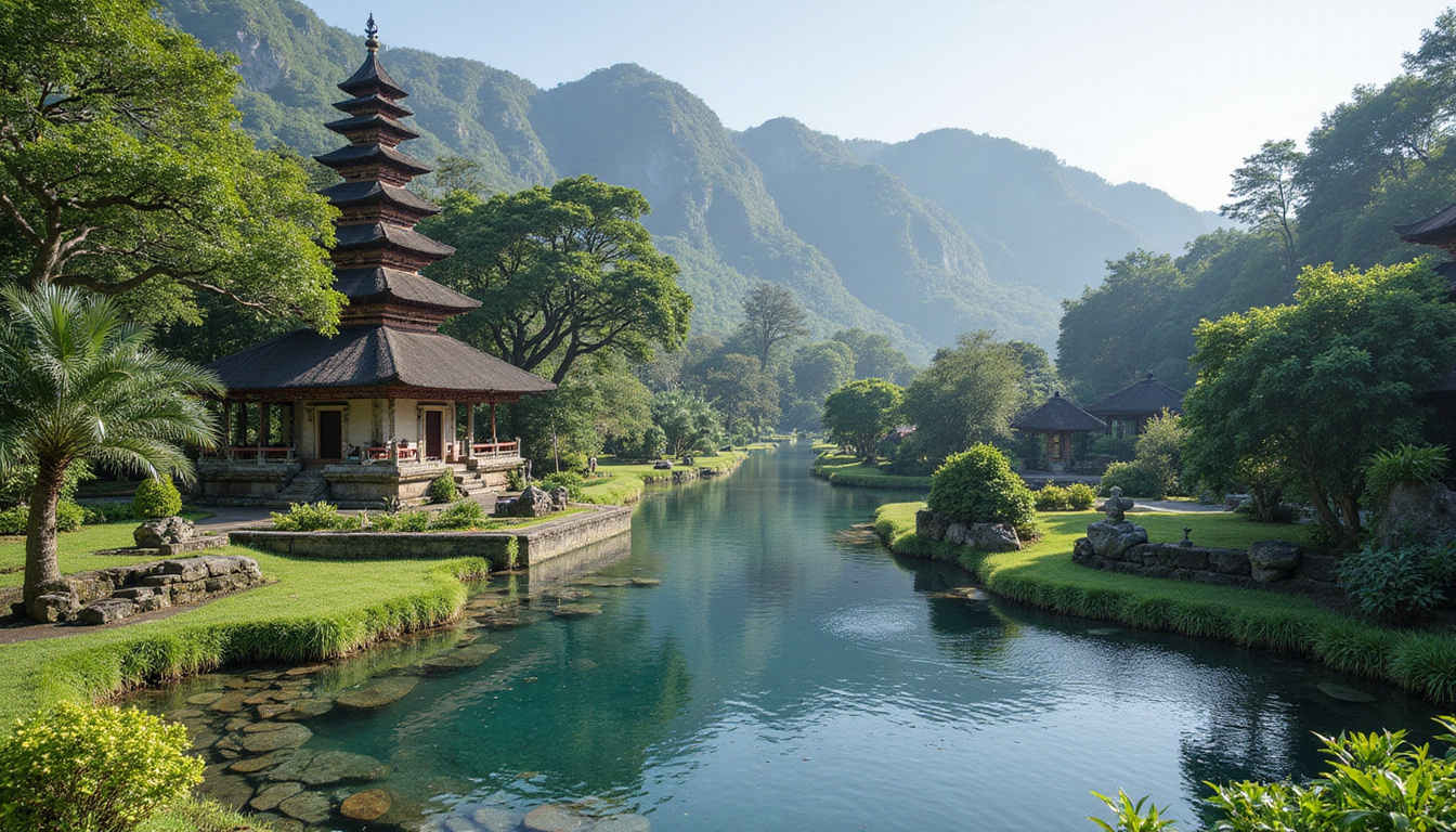  Arsitektur Bali kuno, ukiran batu, mata air berbisik, refleksi candi di air tenang