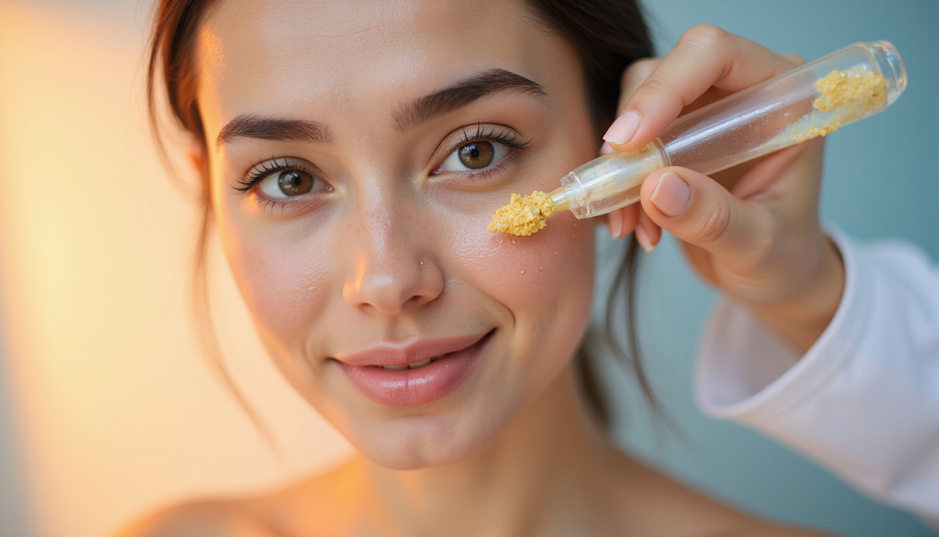 Minimalist clinic scene: radiant model with flawless glowing skin, botanical extracts, clinical instruments