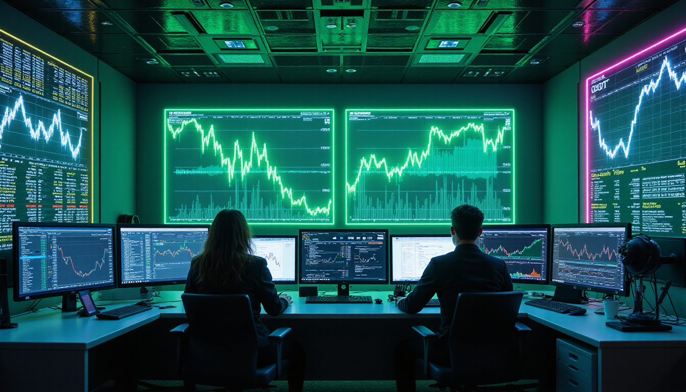  Isometric control room with traders analyzing real-time blockchain graphs, neon green upward arrows, holographic dashboards