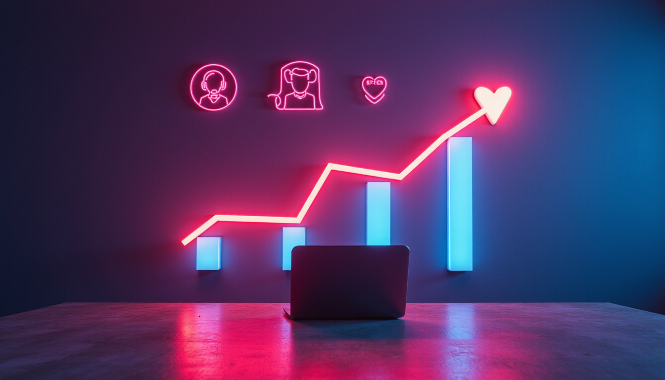  Customer loyalty graph rising behind attentive agent headset, heart icons, instant support, sleek neon office