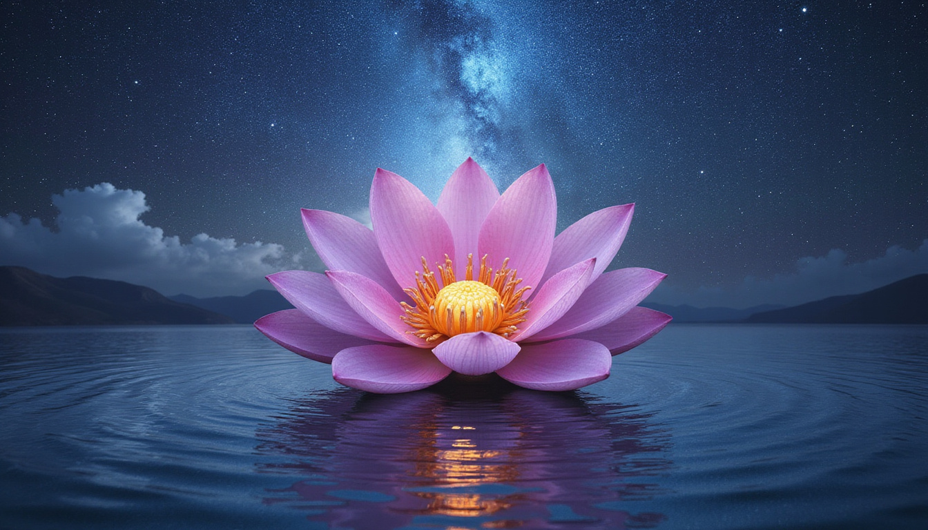  Lotus blooming into cosmic mandala, stars flowing through heart center, peaceful ocean horizon