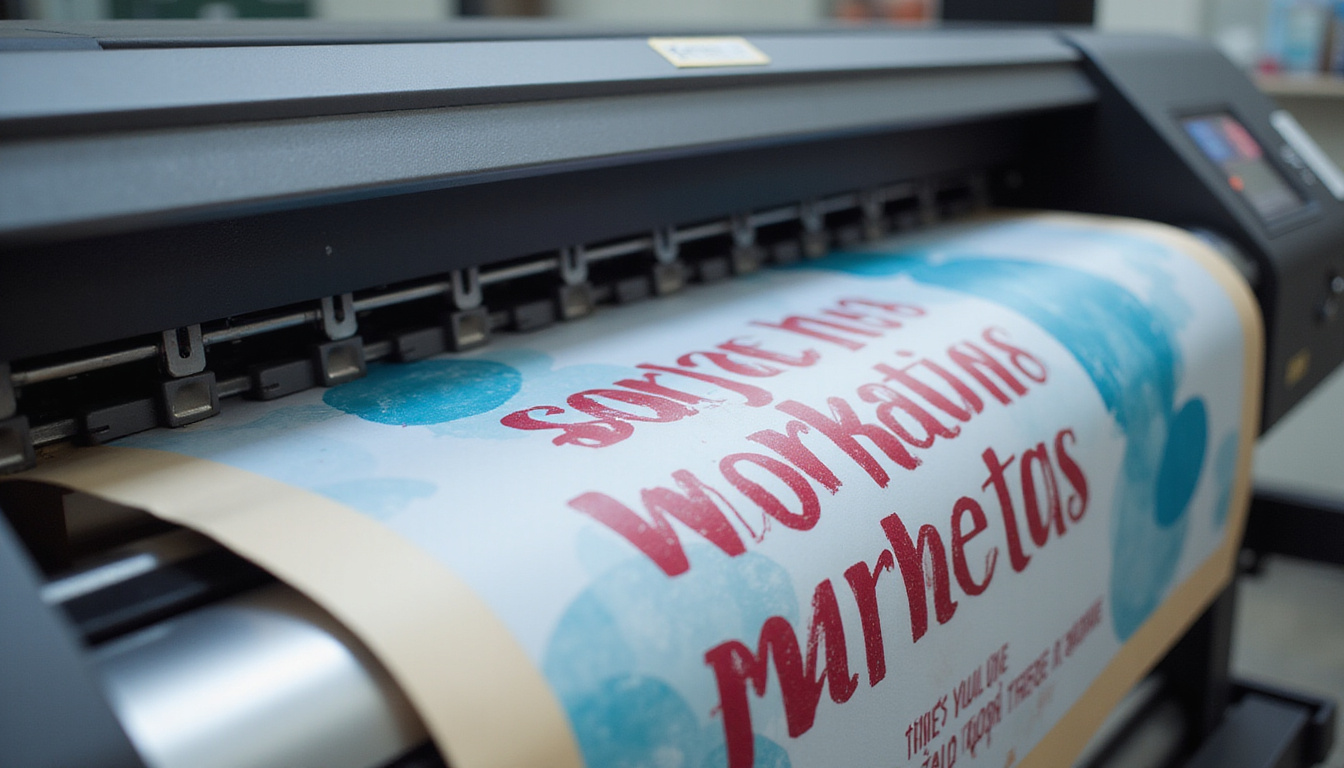  Close-up high-resolution banner printing machine, rich saturated inks, crisp edges, confident marketing designer