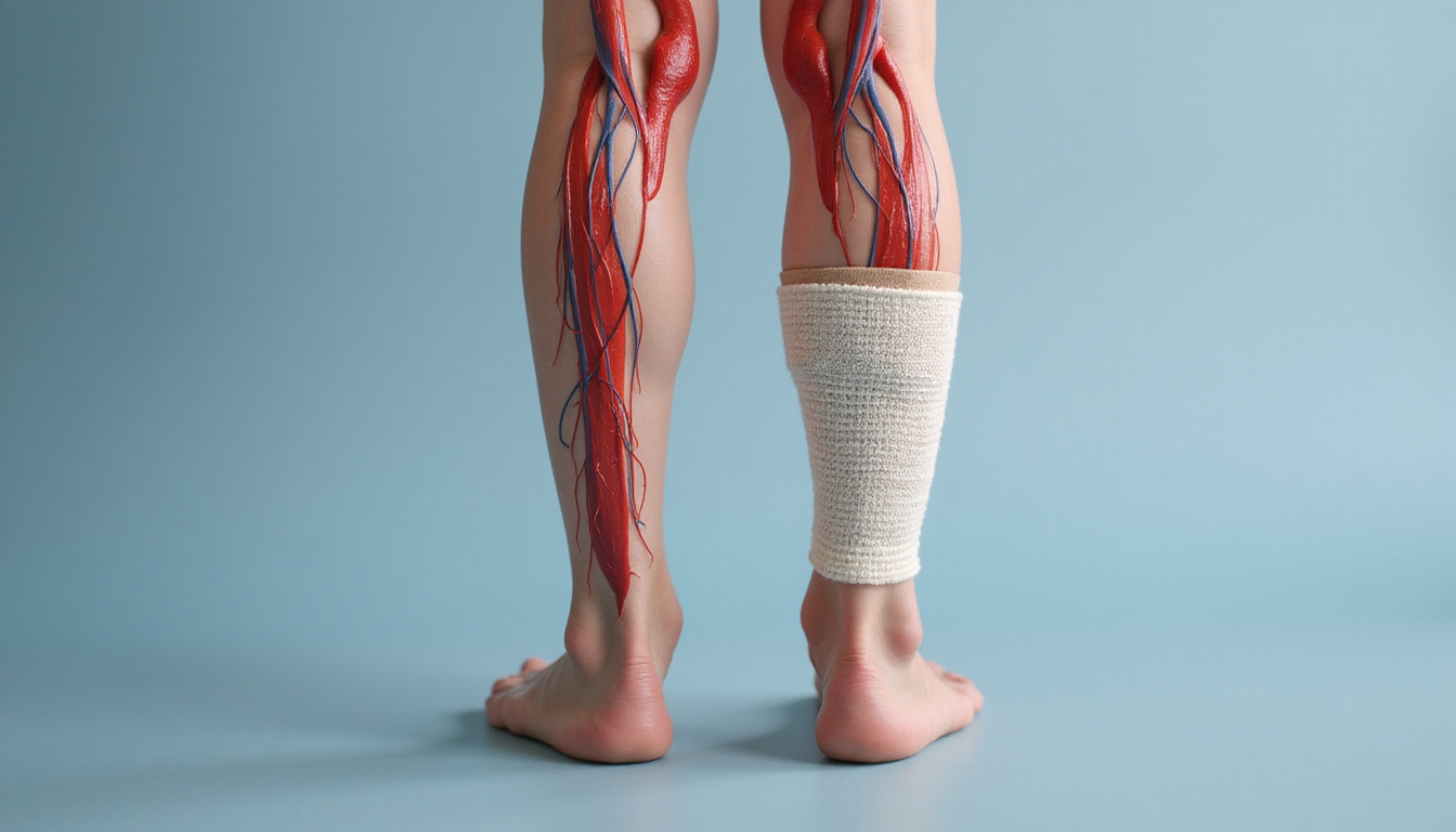  Detailed anatomical overlay of lymphatic vessels and compression bandage on leg, soft medical illustration