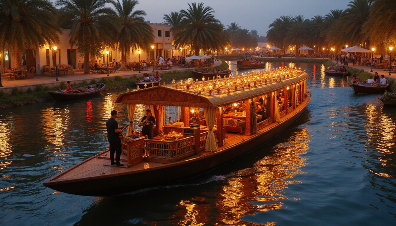  Luxurious evening cruise on Nile, ornate wooden dahabiya, lanterns, musicians, palm-lined banks, golden light