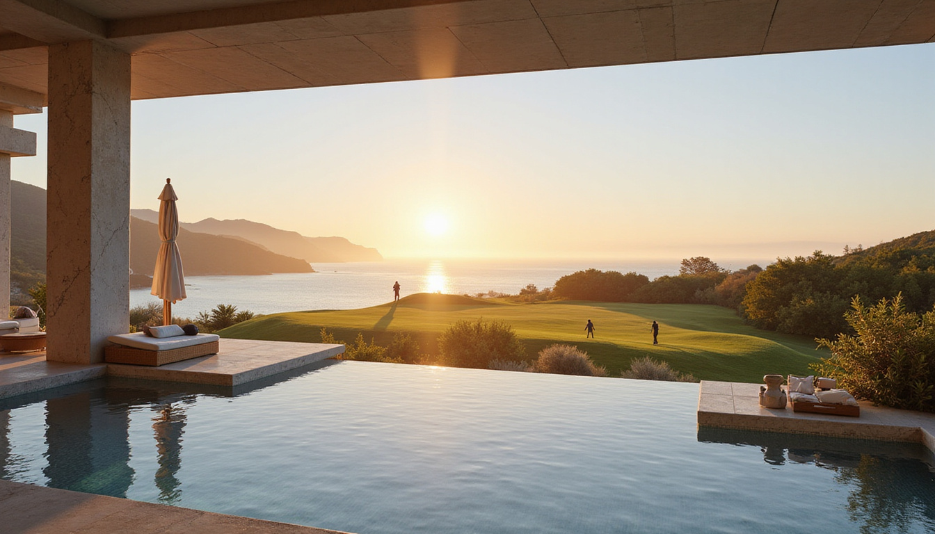  Serene spa terrace overlooking coastal links, golfers at dawn, marble spa, cinematic photorealistic detail