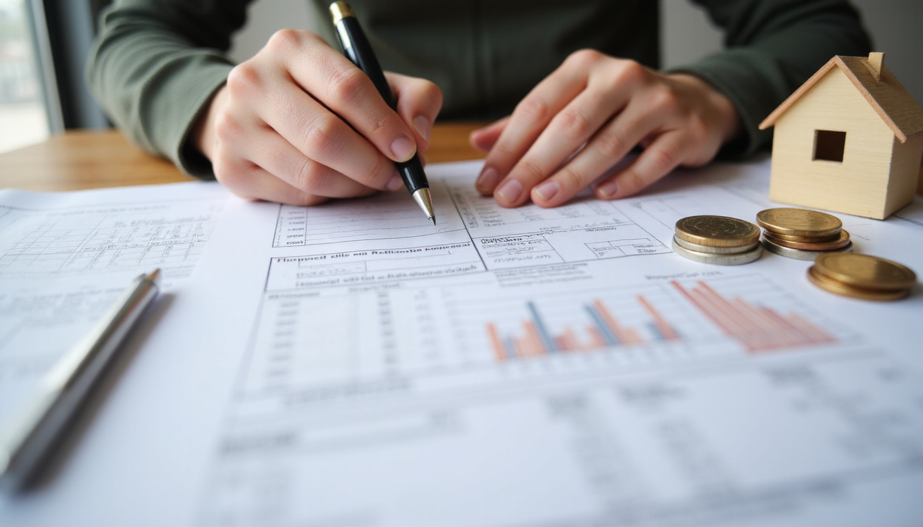  Close-up hands signing tax credit forms on renovation blueprints, coins and small house model nearby