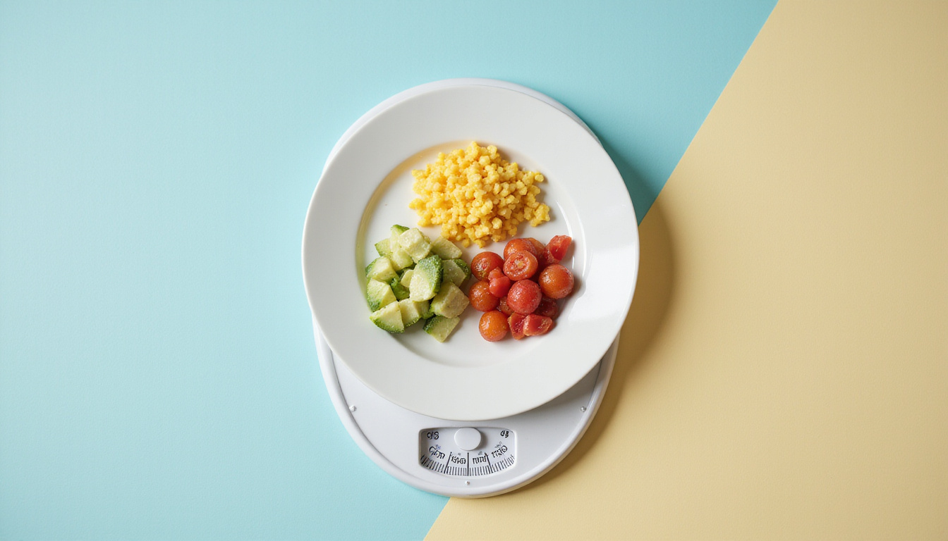  Balanced plate with small portions, carb gram labels, scale, calm person smiling, soft pastel tones