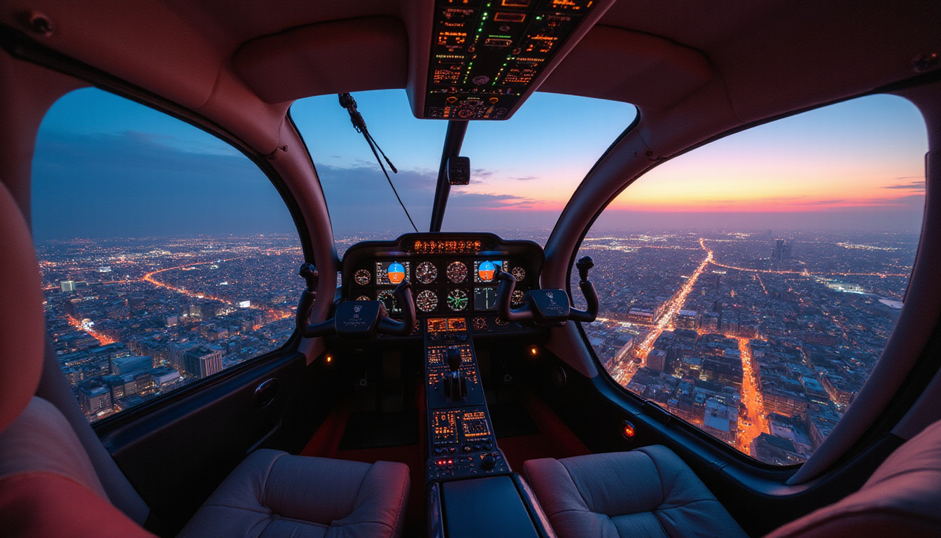  Interior VIP helikopter dengan kabin kulit, sampanye, pemandangan kota malam dari jendela