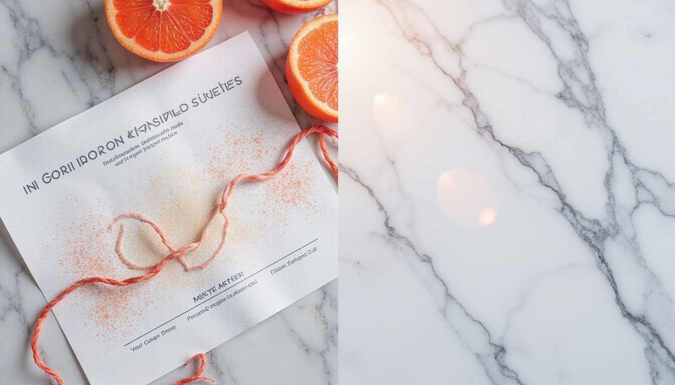  Split-image: molecular collagen strands, performance graphs and certificates, radiant skin before-after, luxury marble