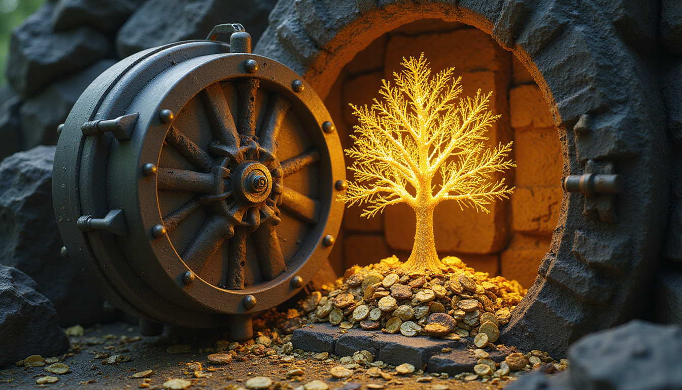  safe vault made of blocks protecting diverse cryptocurrency seeds growing into golden tree