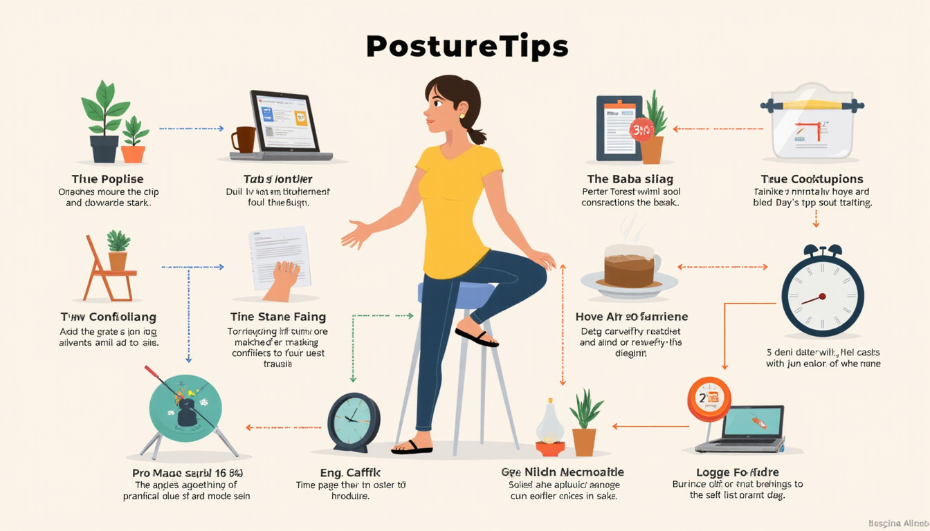 Step-by-step infographic with posture tips, productivity icons, timer, coffee, minimalist modern workspace