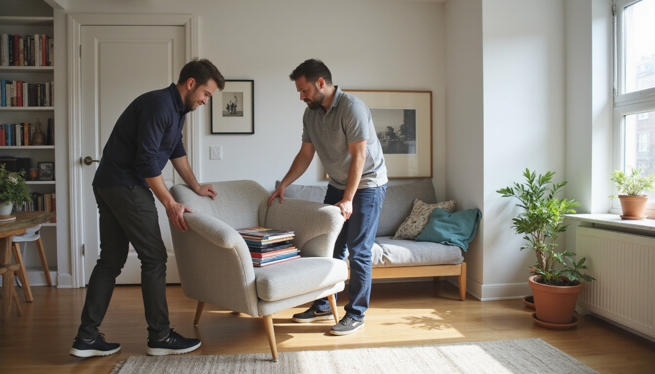  Professional movers gently carrying armchair, sorted photo albums, color-coded labels, cozy new apartment