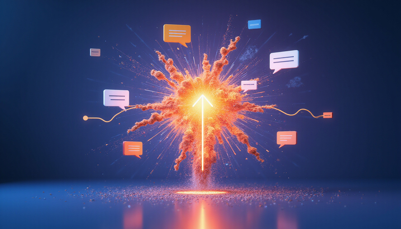  Explosive customer engagement scene, notifications, chat bubbles, upward arrow, glowing conversion metrics