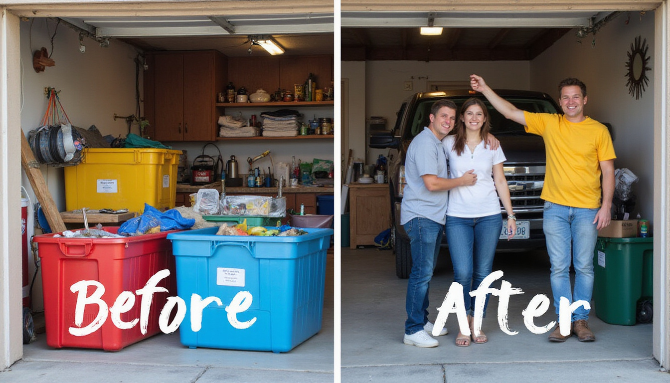  Before-and-after garage cleanup, labeled bins, DIY hacks, dumpster truck, smiling family saving money