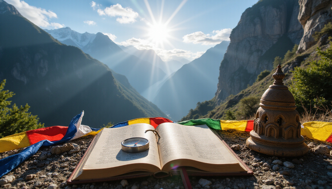 Mountain shrine bathed in ethereal light, colorful prayer flags, compass, opened journal, transformative aura