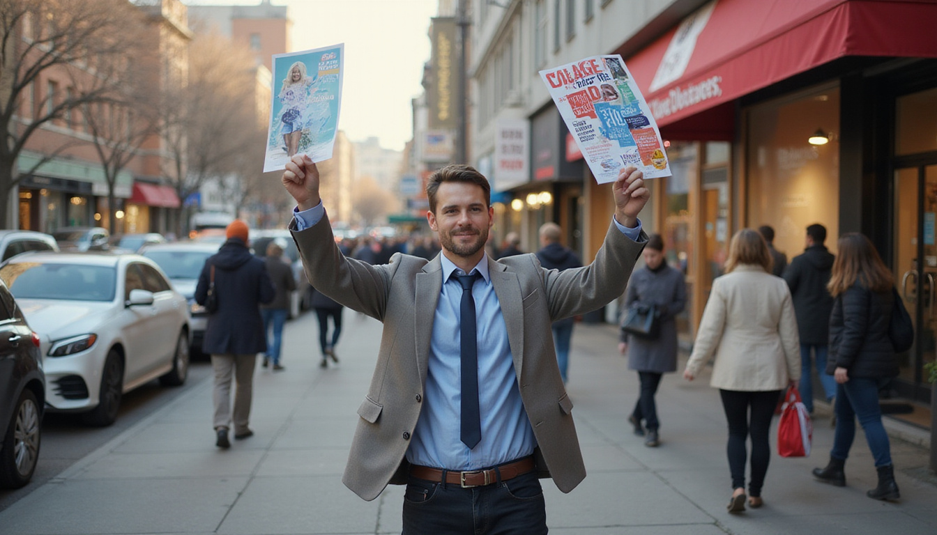  Business owner triumphantly holding large printed brochure, crowded sidewalk, retro poster campaign, vibrant typography