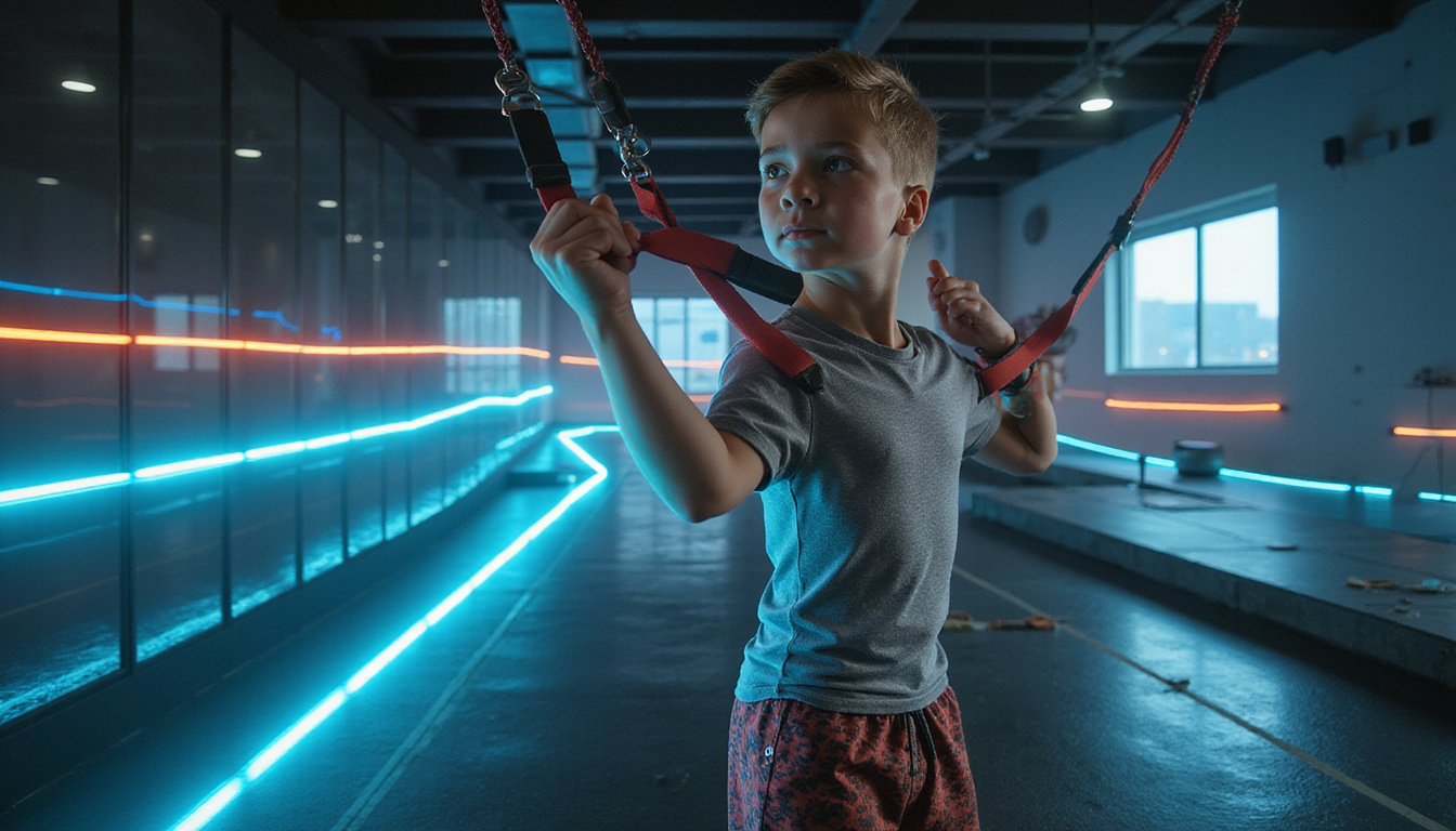 Young athlete performing dynamic mobility drills with resistance bands, motion blur, glowing progress lines