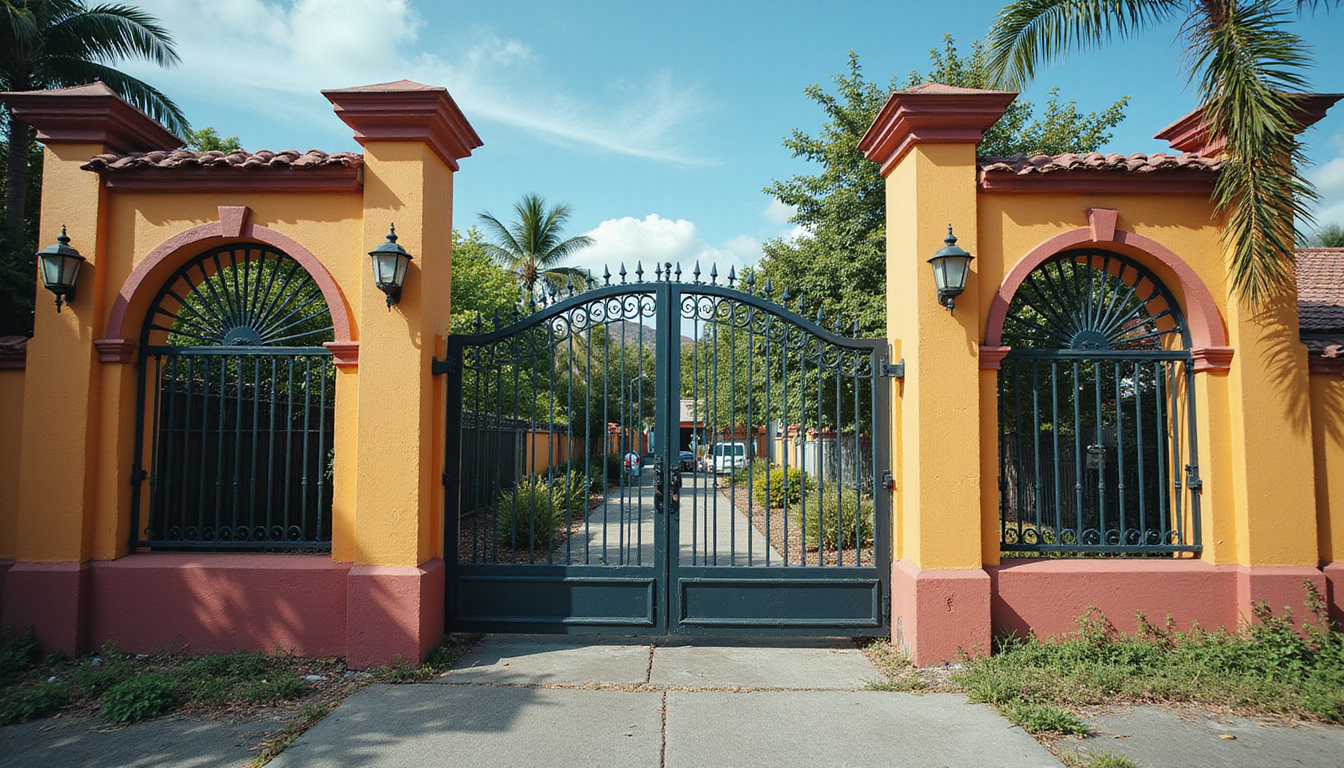 Split-scene contrast: affluent gated neighborhood inside, urban decay outside, surveillance cameras, price tag