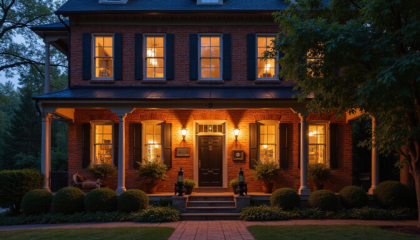 Historic brick facade bathed in dramatic grazing light, lanterns, soft porch illumination, cinematic dusk