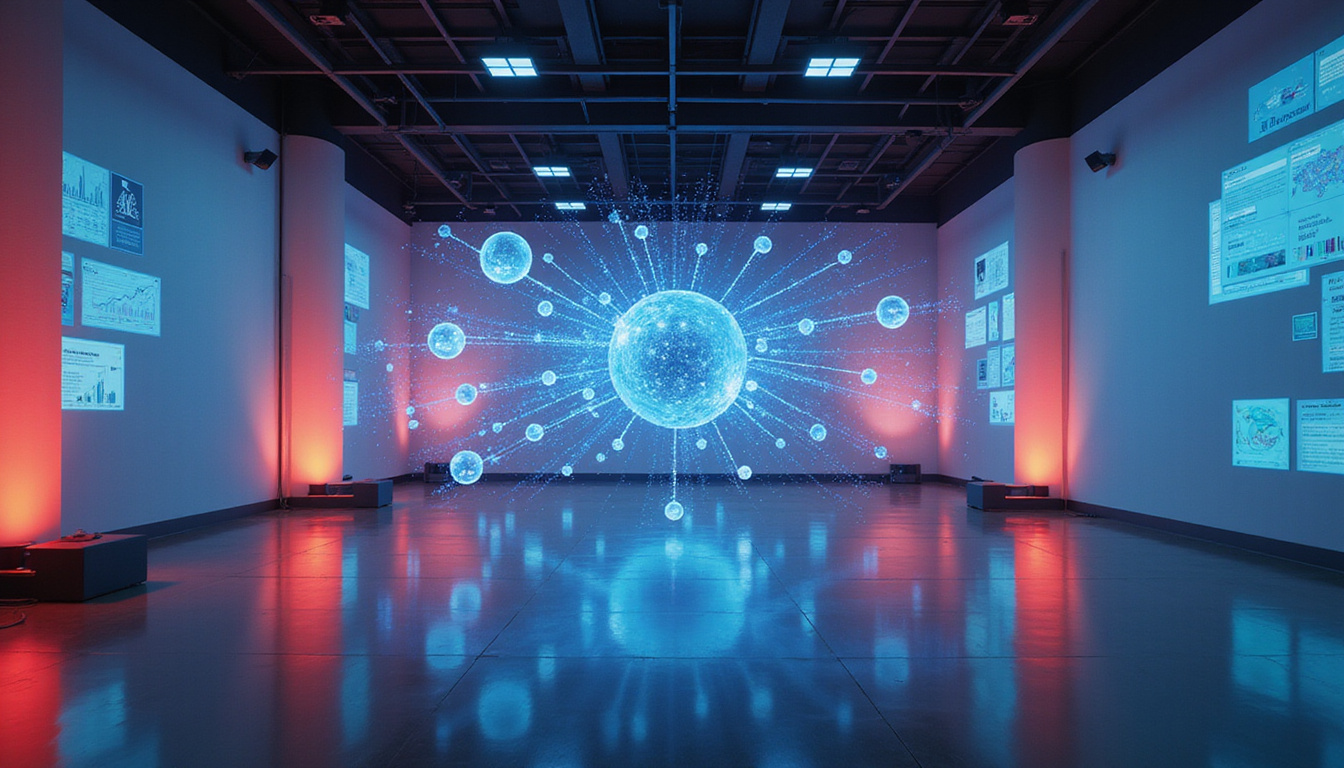 Corporate strategy room visualizing scalable trust networks, holographic customer journeys and smiling avatars