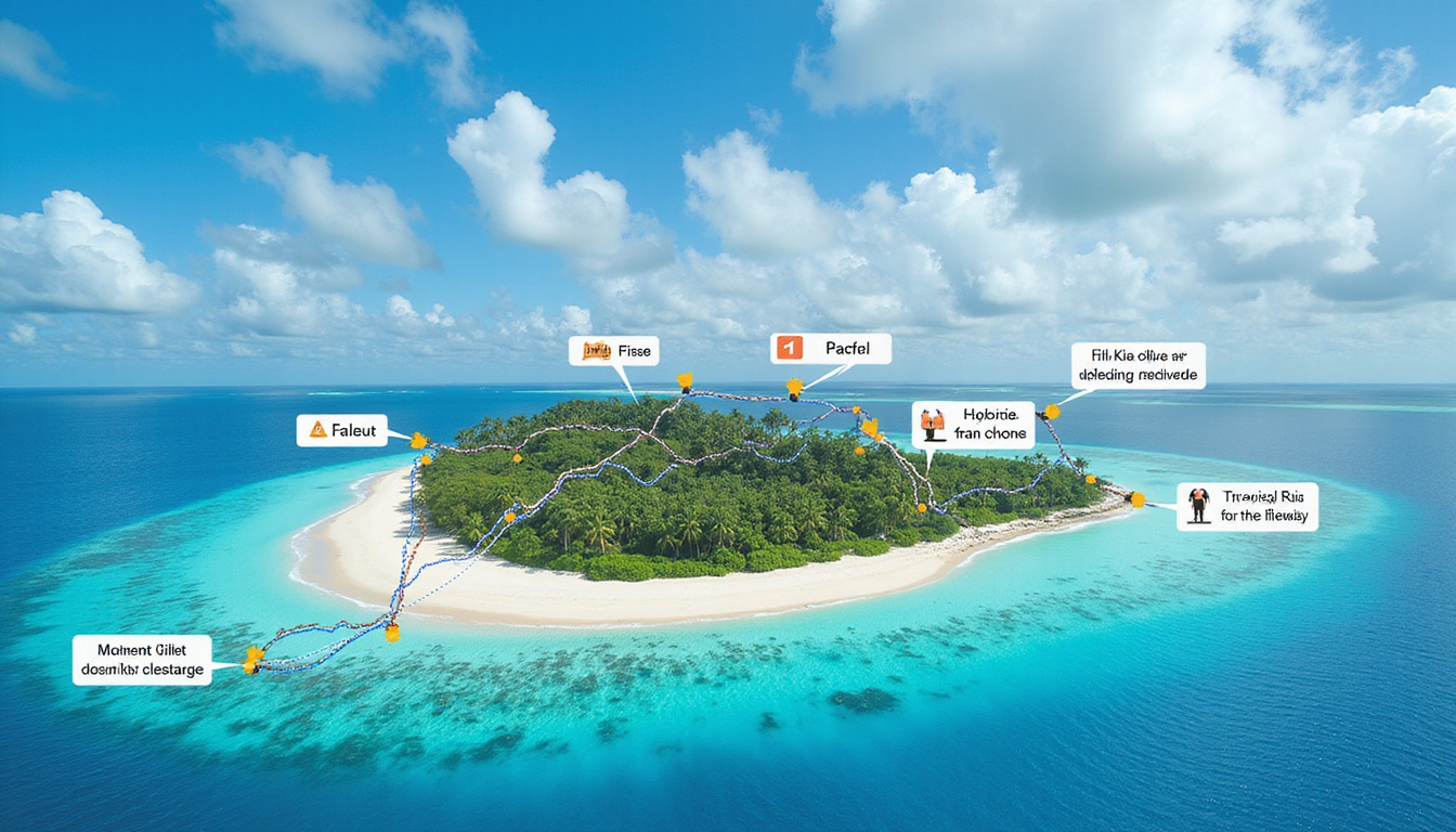  Route map overlay above island seascape, safety icons, lifejackets, tips typography, vibrant tropical colors