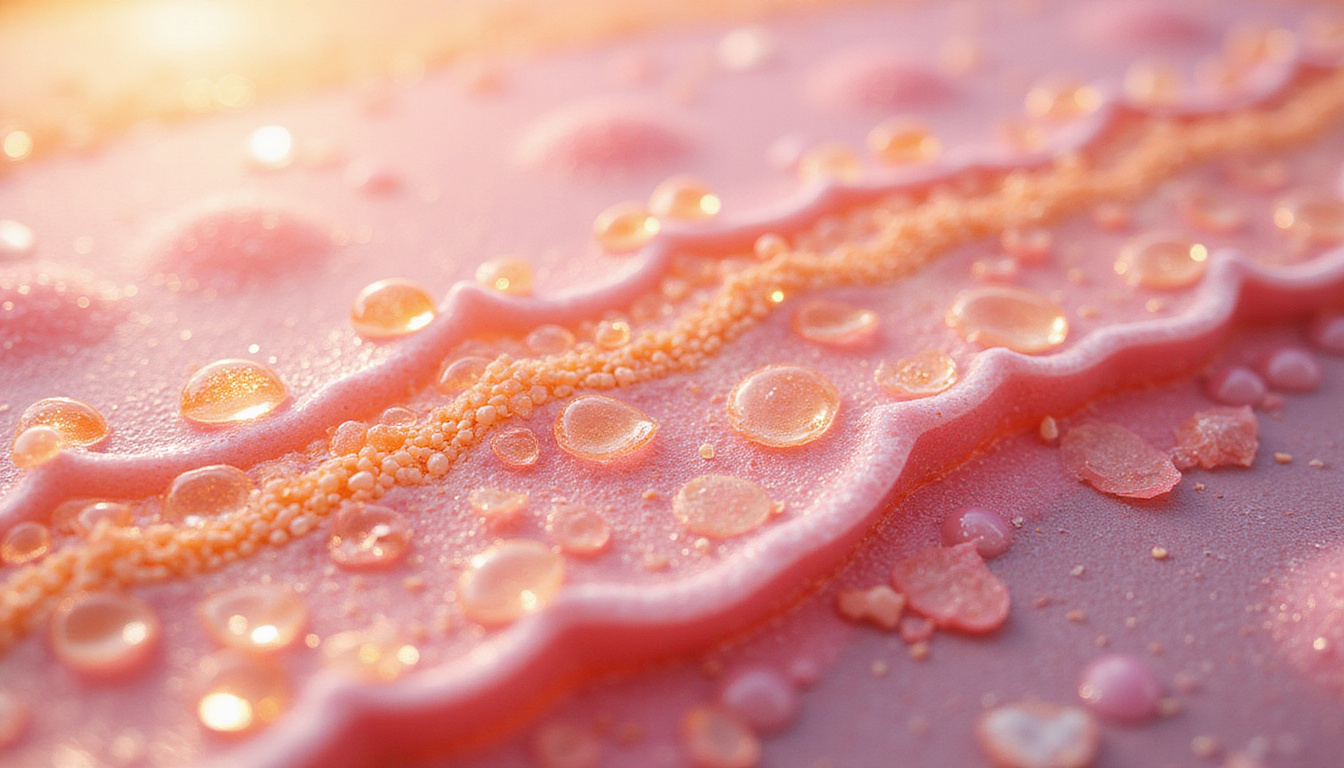 Close-up resilient skin cross-section, luminous layered membranes, hyaluronic molecules, minimalist luxury aesthetic