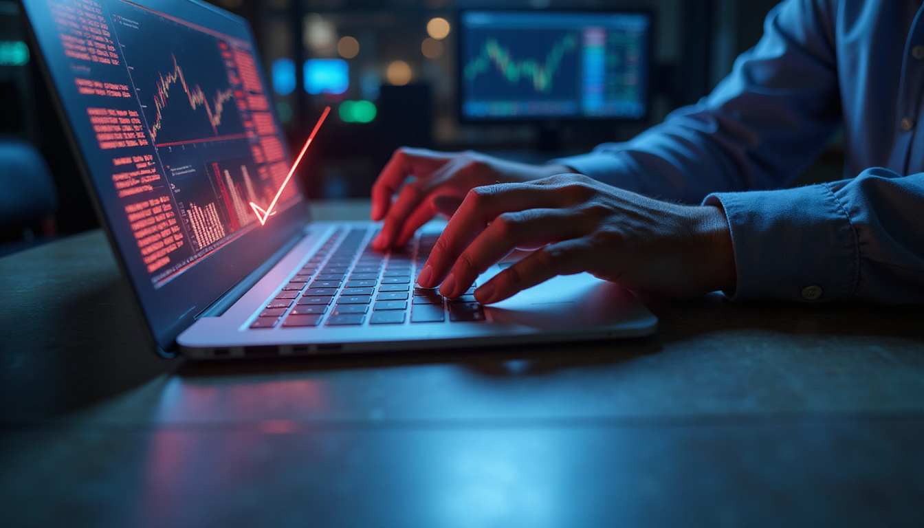  shadowy trading floor, hands on keyboard, holographic limit orders and predictive arrows