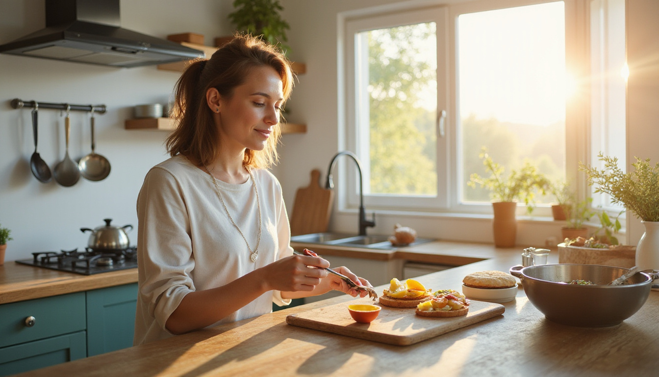 Adaptive kitchen modifications, stroke survivor using one-handed utensils, bright morning light, empowering realistic scene