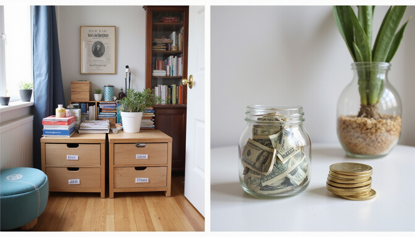  Before-and-after apartment: cluttered to minimalist, labeled storage boxes, cash jar overflowing
