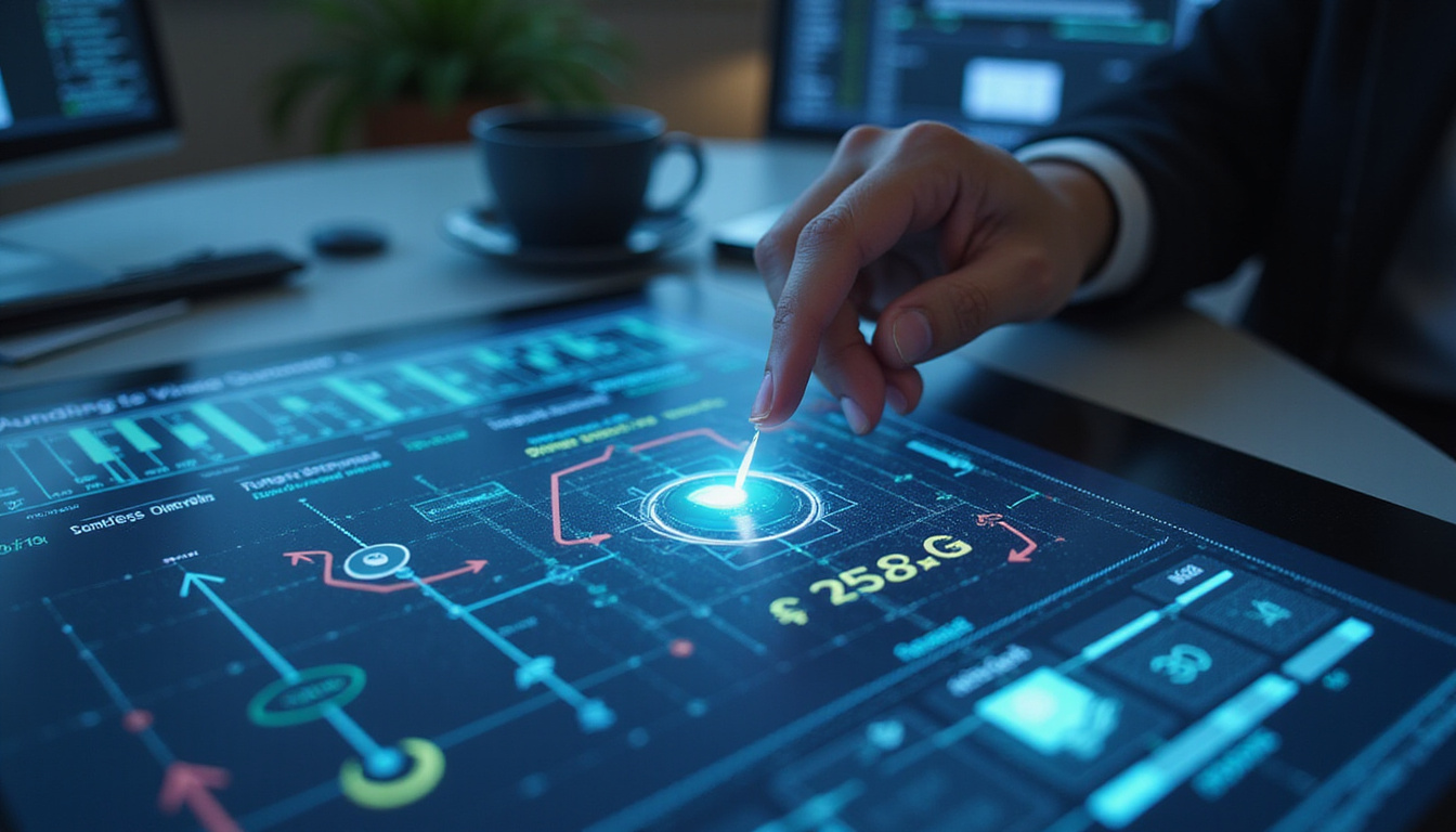  Modern call center dashboard, holographic metrics and checklist, arrows leading to satisfied customer