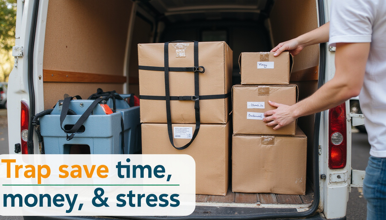  Organized small trailer, labeled boxes, hands using tie-down straps, infographic overlay: save time, money, stress