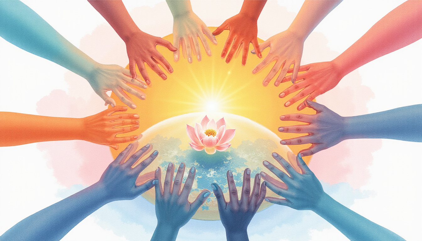  Diverse hands forming glowing circle above earth, gentle lotus, soft watercolor palette