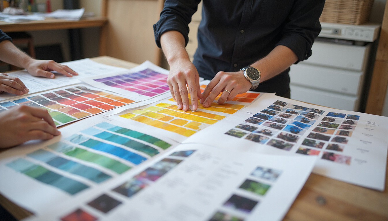  Behind the scenes print workshop with designers, vibrant color swatches, glossy pages boosting conversions