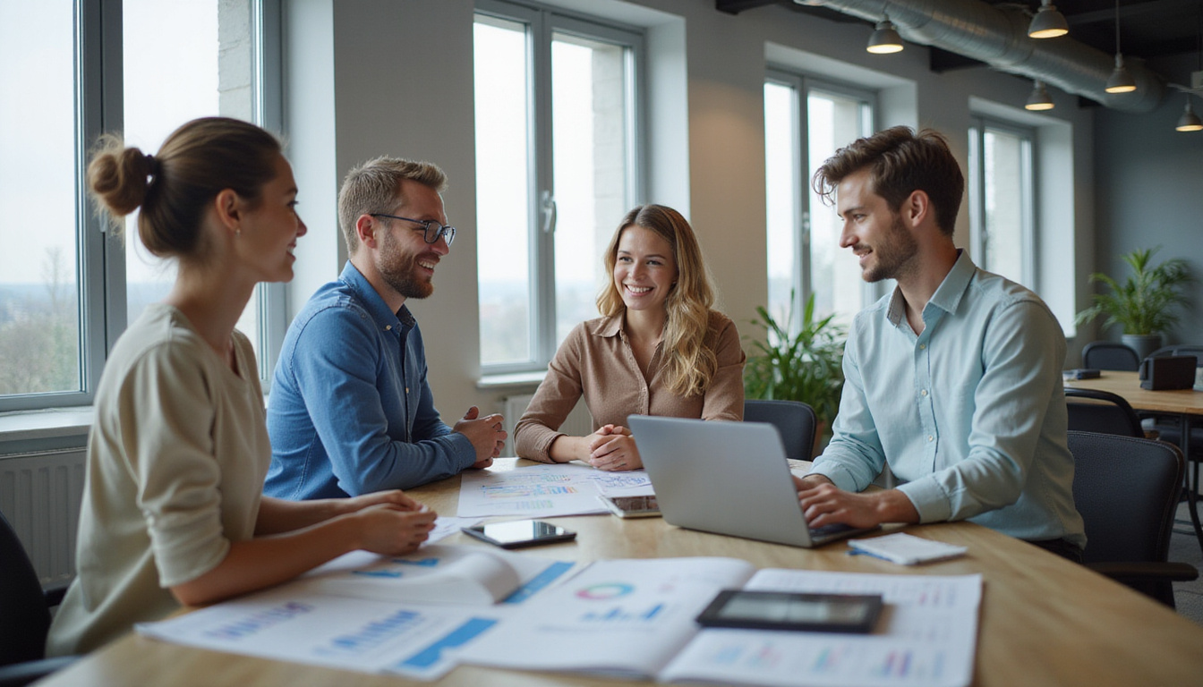 Team doing guided micro-break exercises in modern open-plan office, smiling, productivity charts rising