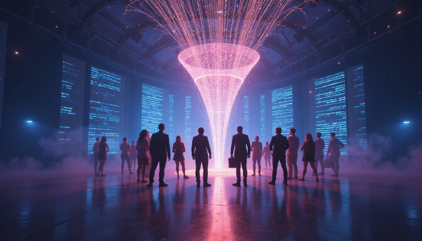 Diverse marketing team around holographic funnel, data streams, creative sparks, skyrocketing conversion metrics