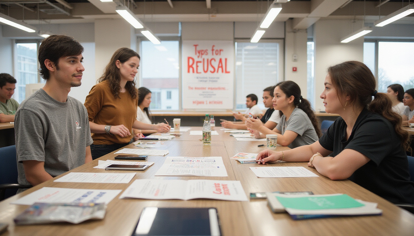  Lafayette training workshop with diverse vendors practicing refusal techniques, illustrated steps poster, community-focused atmosphere