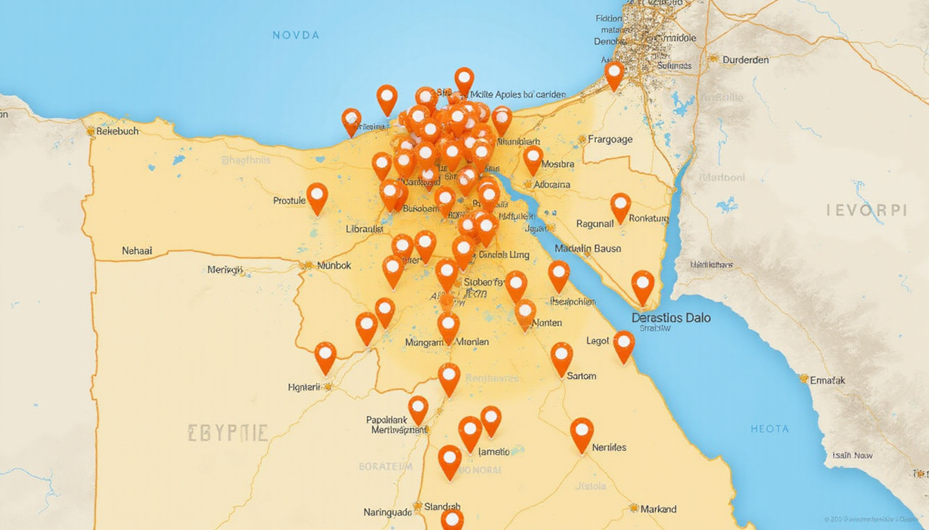 Detailed map of Egypt neighborhoods with pin markers, rising property price graphs, golden ROI highlights