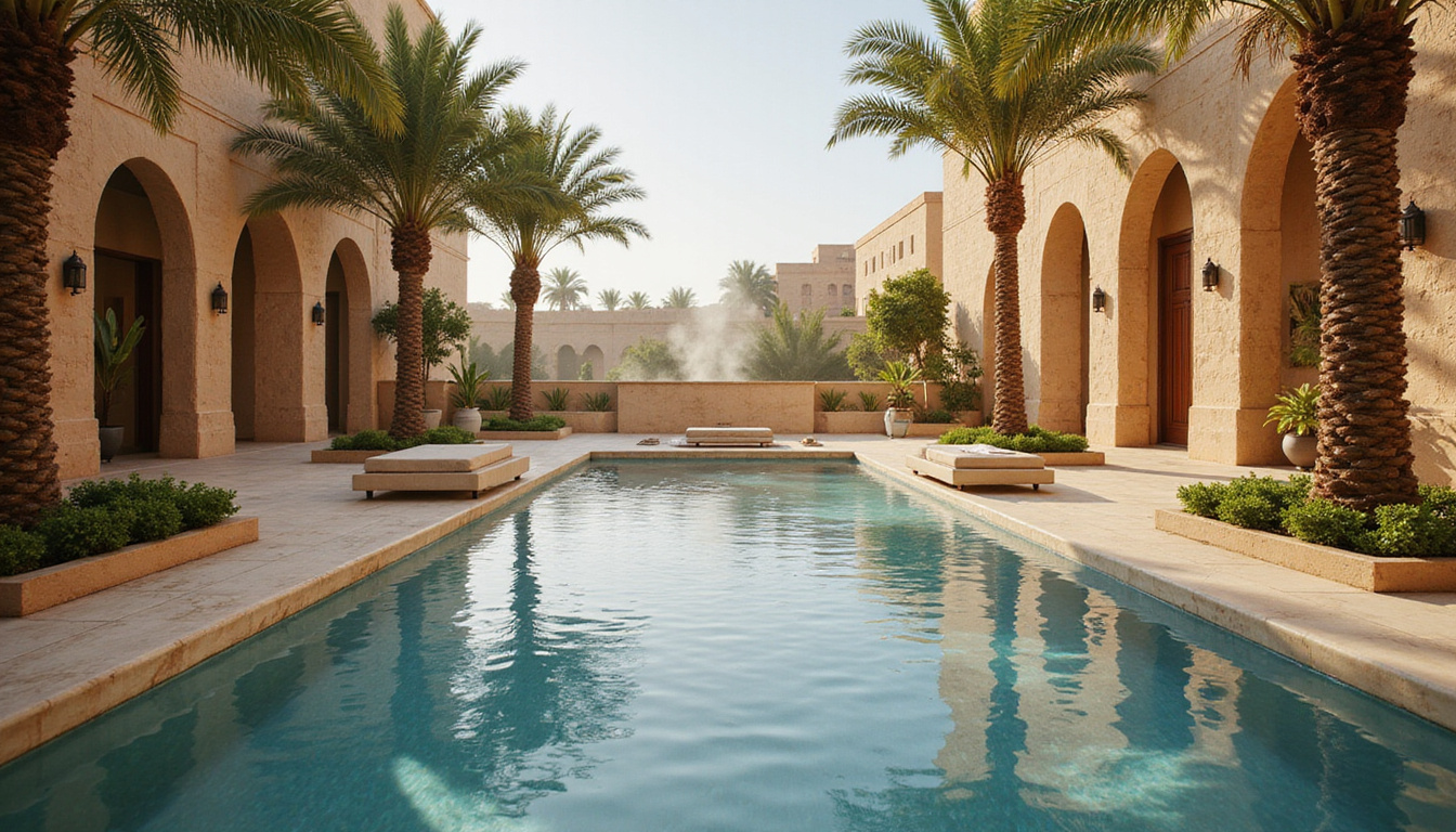 Luxurious Nile spa terrace, marble pools, palm reflections, incense steam, Egyptian motifs, photorealistic