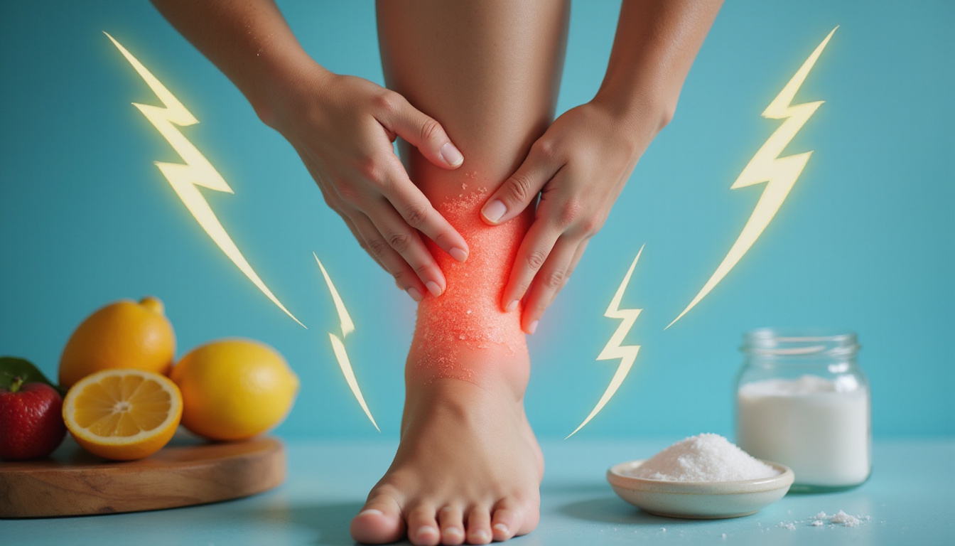 Close-up of hand massaging calf, animated lightning bolts showing cramps leaving, fresh fruits and salt nearby