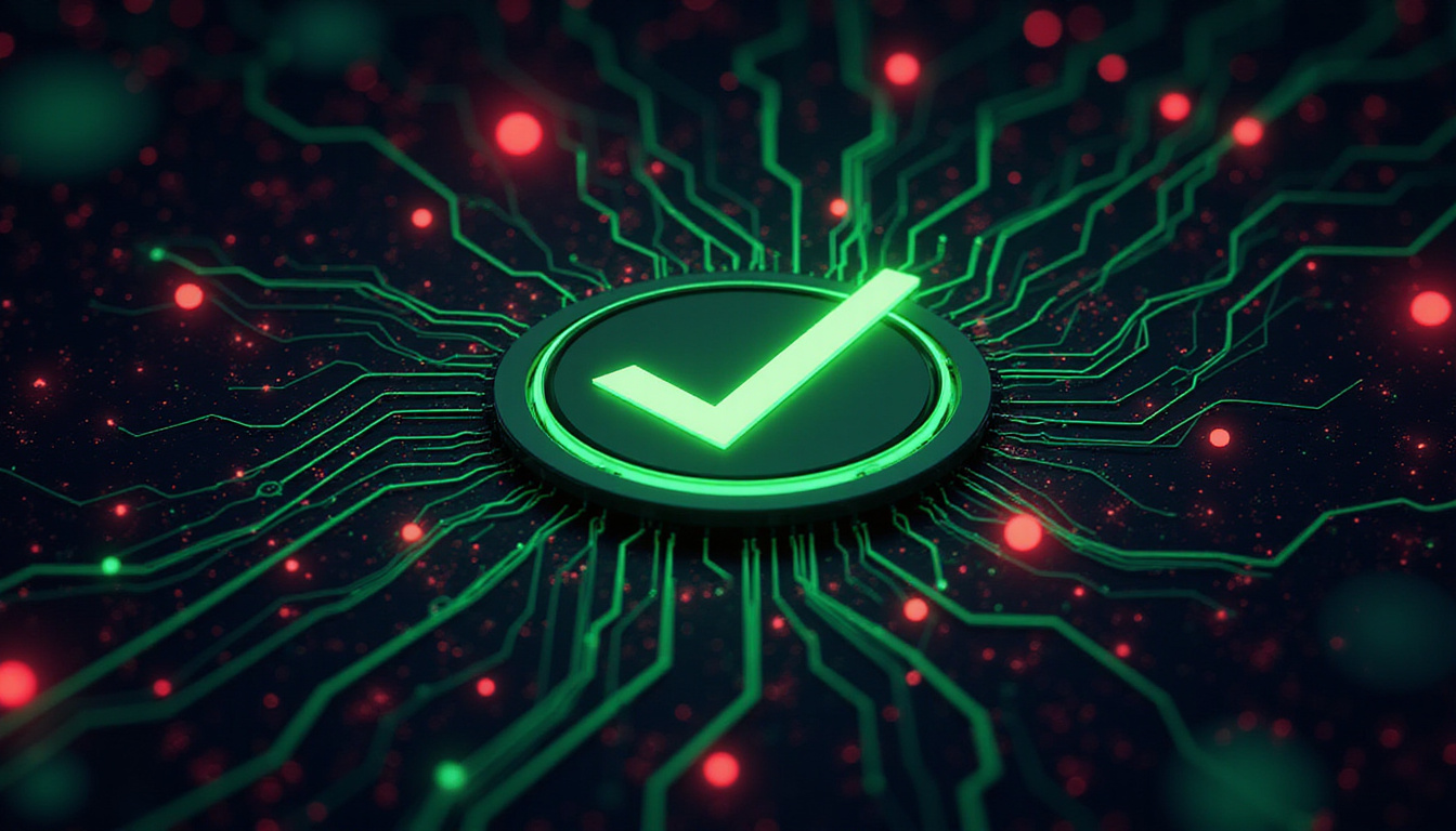  circuit-city server shield, luminous green checkmarks replacing red alerts, stopwatch, flowing binary streams