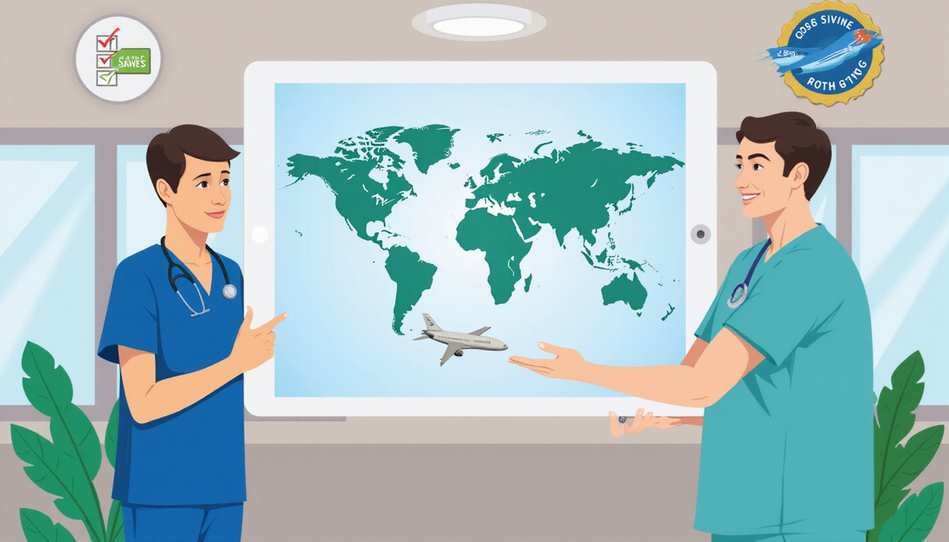  Patient comparing international hospitals on tablet, checklist, doctor handshake, airplane silhouette, cost-saving badge