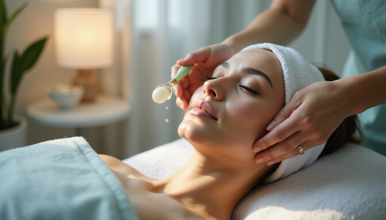  Hands applying serum with jade roller under soft light, gentle tapping, hyaluronic peptides glow