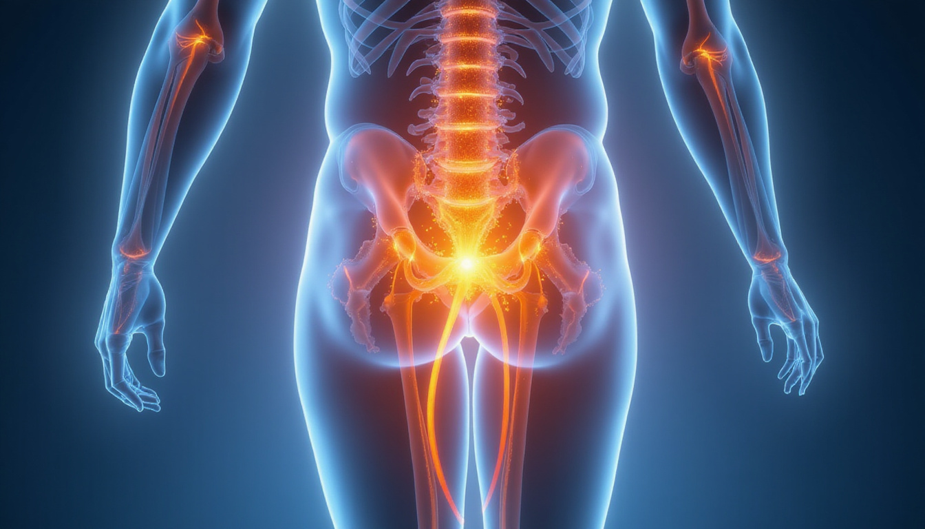  cutaway anatomical illustration of entrapped sciatic nerve, diagnostic lines, healing light